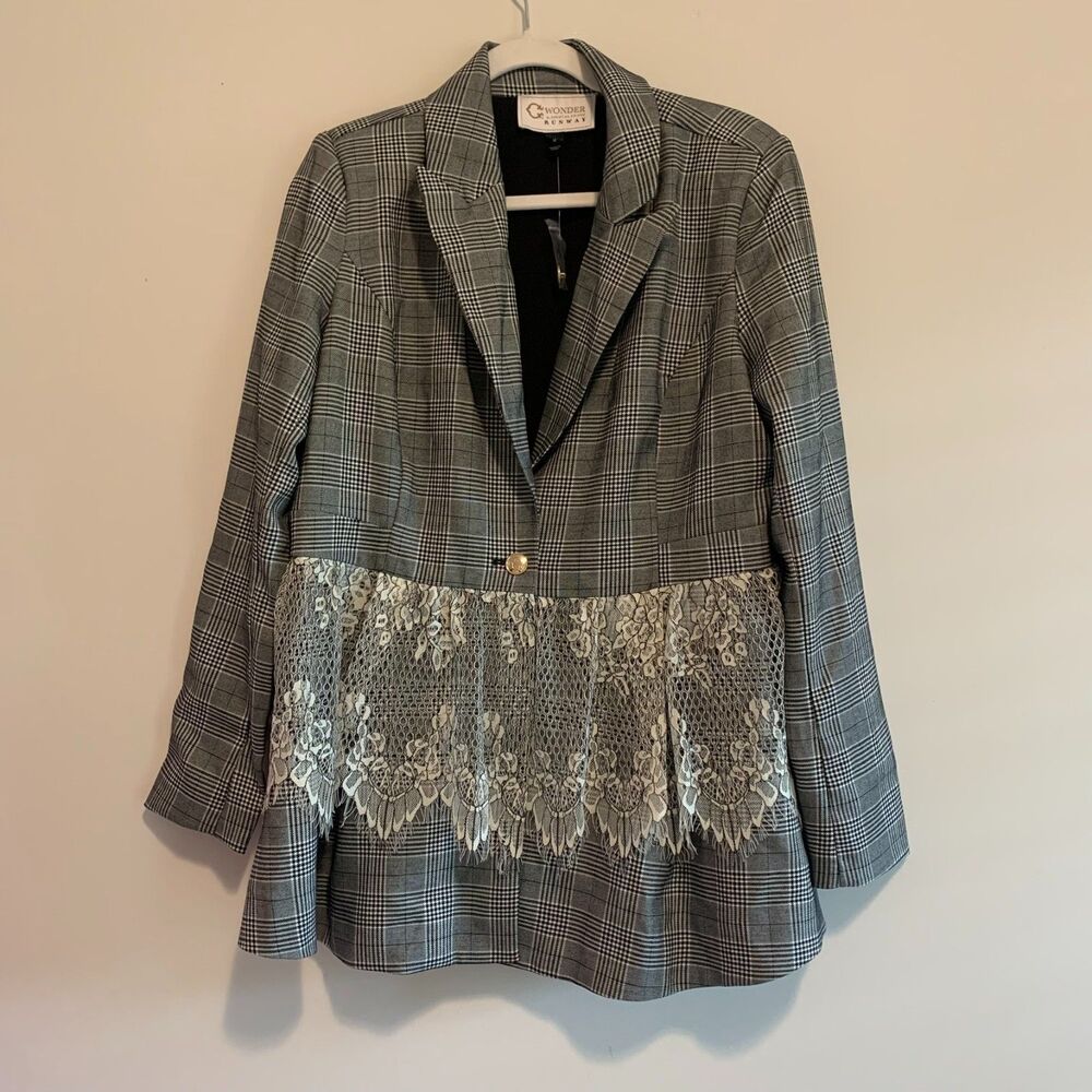 C. Wonder Women's Runway Lace 2Tone Jacket Glen Plaid Nuetral‎ M NEW